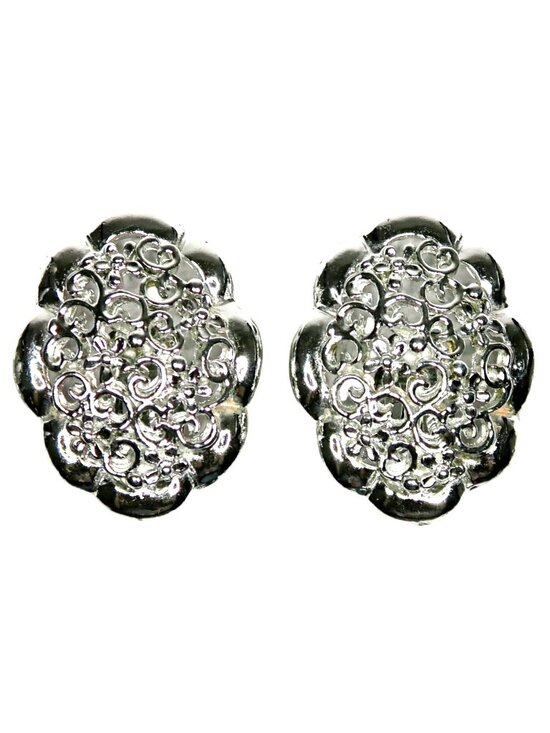 Unbranded Jewelry - Filigree Silver-Tone Clip-On Earrings Vintage Mid-Century Statement Jewelry